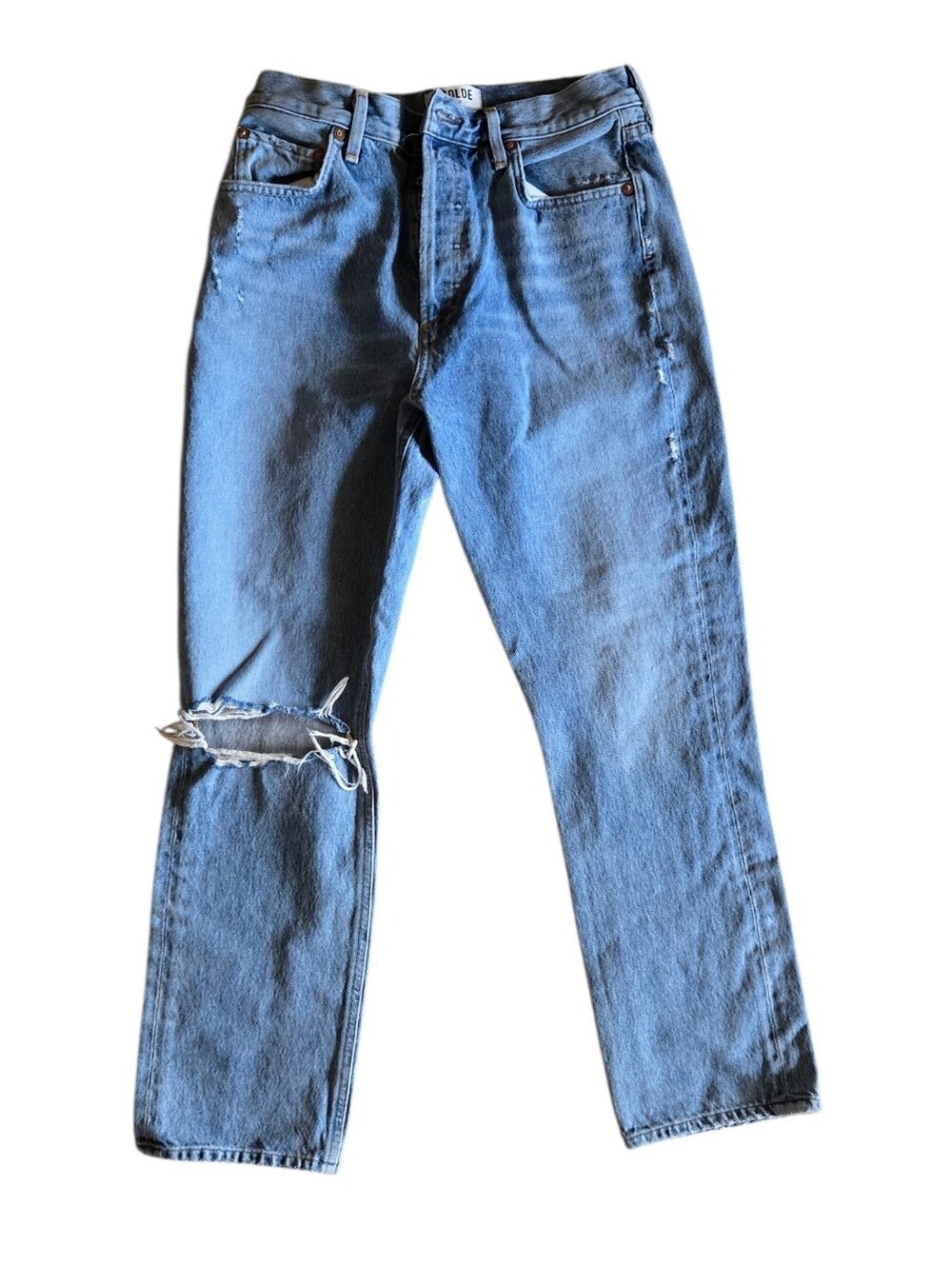 Agolde Light Blue Straight Leg Jeans with Knee Rip